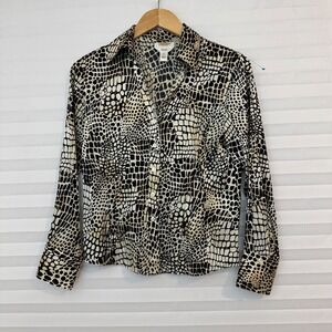 Talbots Petites Silk Blend Stretch Button Down Shirt Animal Print Ivory Black 6P